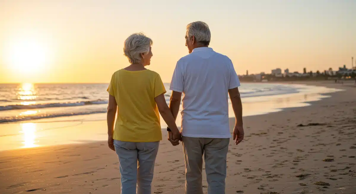 Content older couple enjoying a peaceful retirement walk on a beach at sunset, symbolizing financial security.