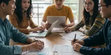 Group of young adults reviewing financial documents, symbolizing student loan debt management in 2026