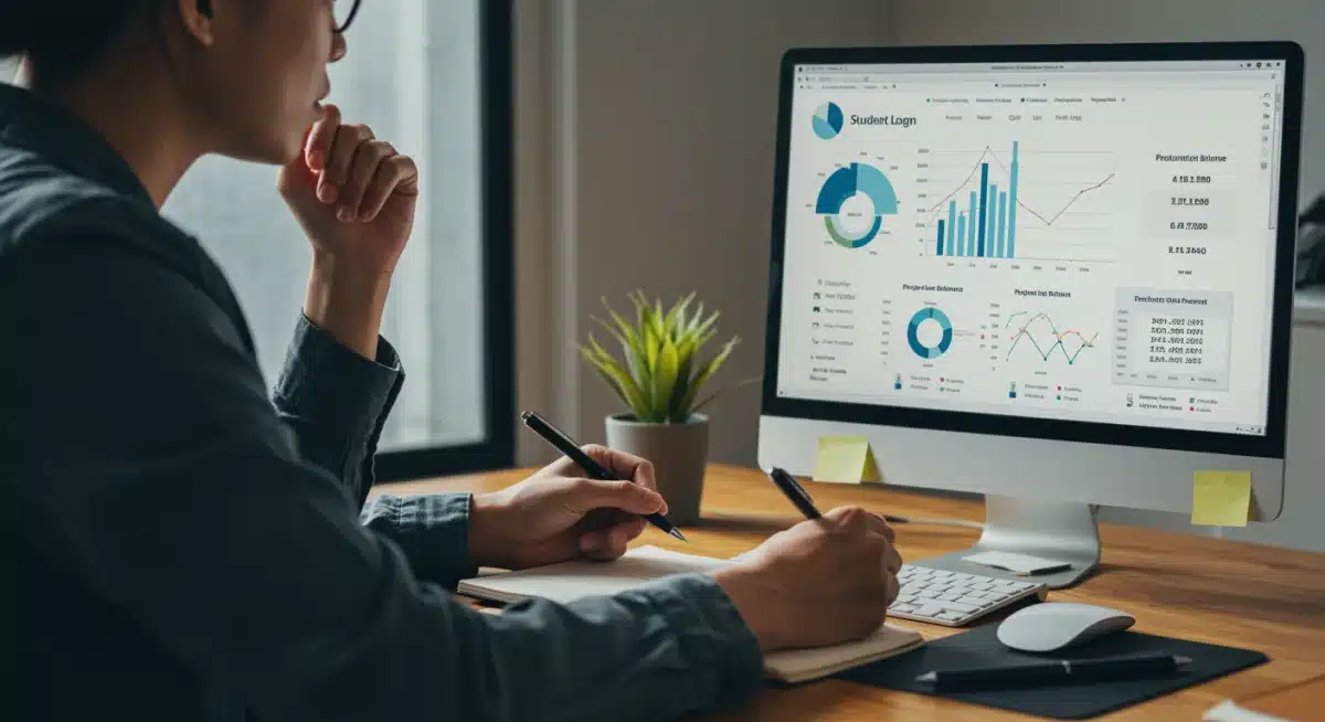 Individual analyzing student loan dashboard on computer, planning finances