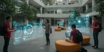Futuristic university campus with students using AI holographic learning tools.