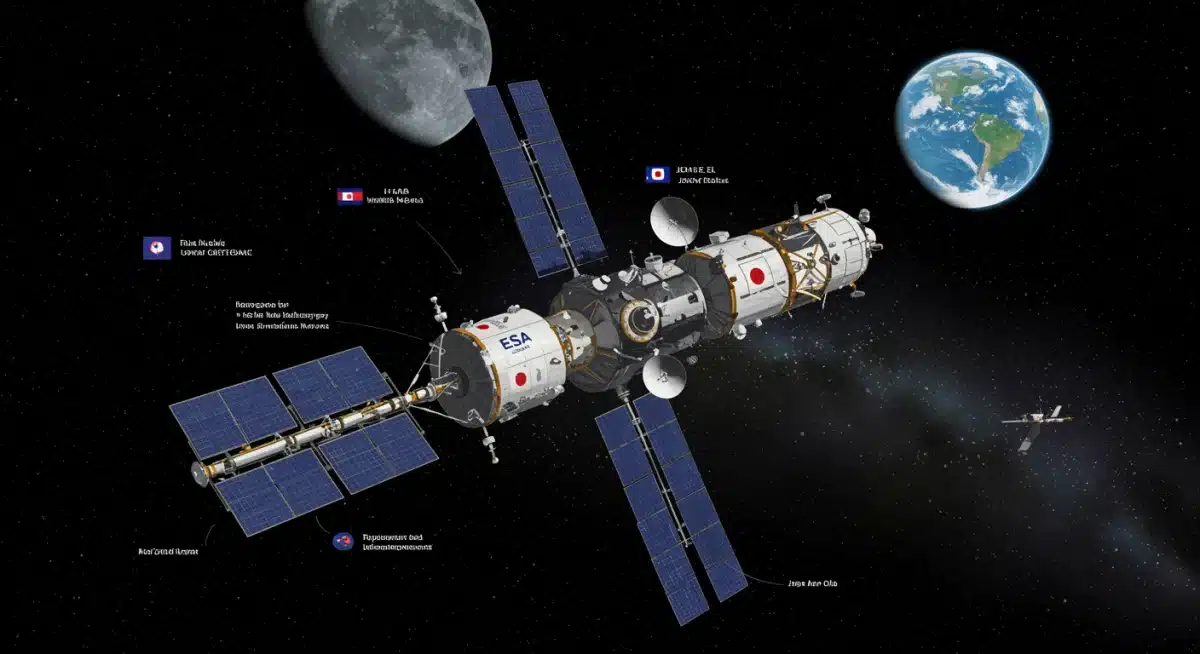 Illustration of the Lunar Gateway space station orbiting the Moon, showcasing international modules for future missions.