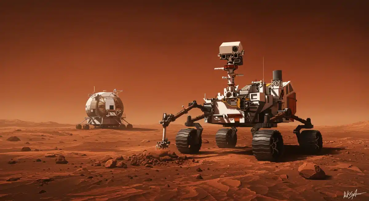 Advanced Mars rover collecting samples on the red Martian surface, preparing for future human exploration.