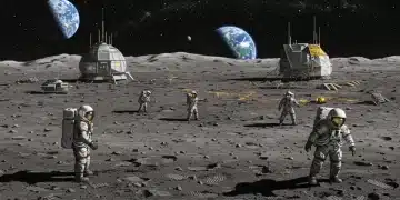 Astronauts exploring a futuristic lunar base with Earth in the background, symbolizing NASA's 2026 lunar exploration goals.