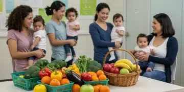 Diverse mothers and children at a WIC clinic with fresh produce, symbolizing community and healthy nutrition.