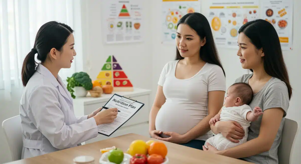 Nutritionist providing personalized dietary advice to a pregnant woman and a mother with an infant.