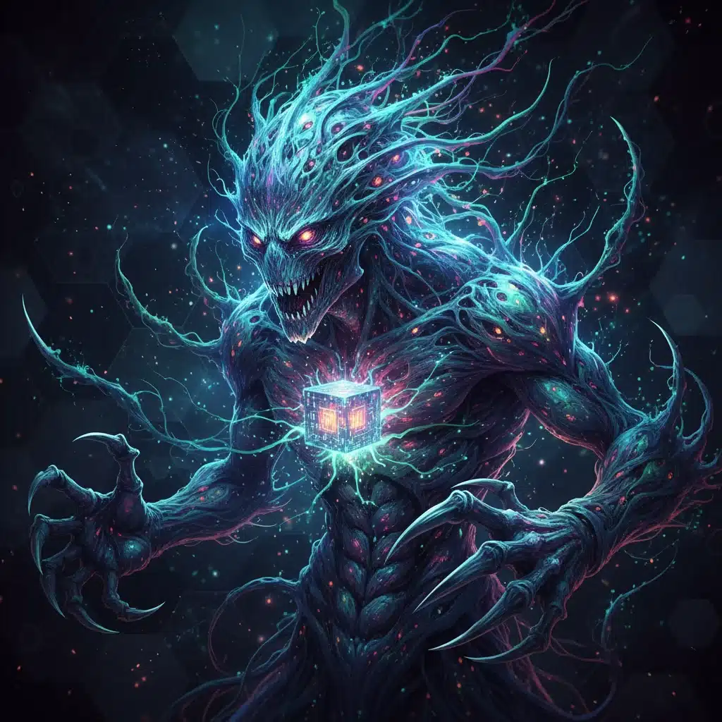 Abstract AI neural network forming a menacing cyber threat