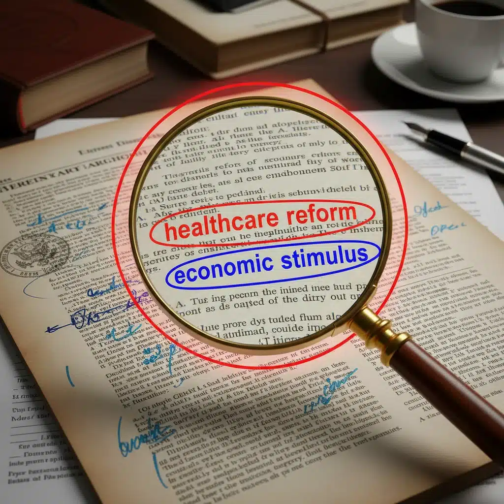 Magnifying glass examining a legislative document on healthcare reform and economic stimulus.