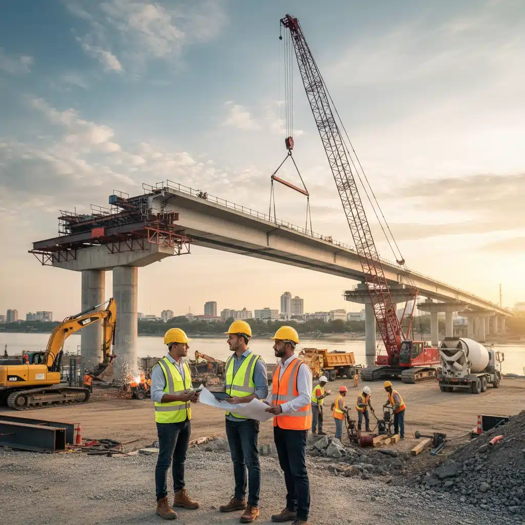 Construction workers and engineers building a new bridge, representing infrastructure project implementation.