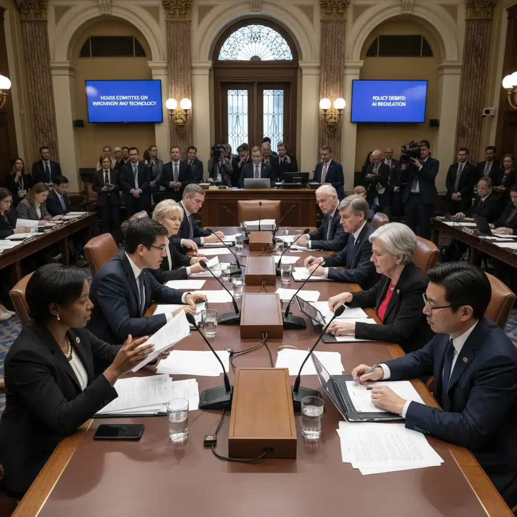 Legislators debating policy in a congressional hearing.