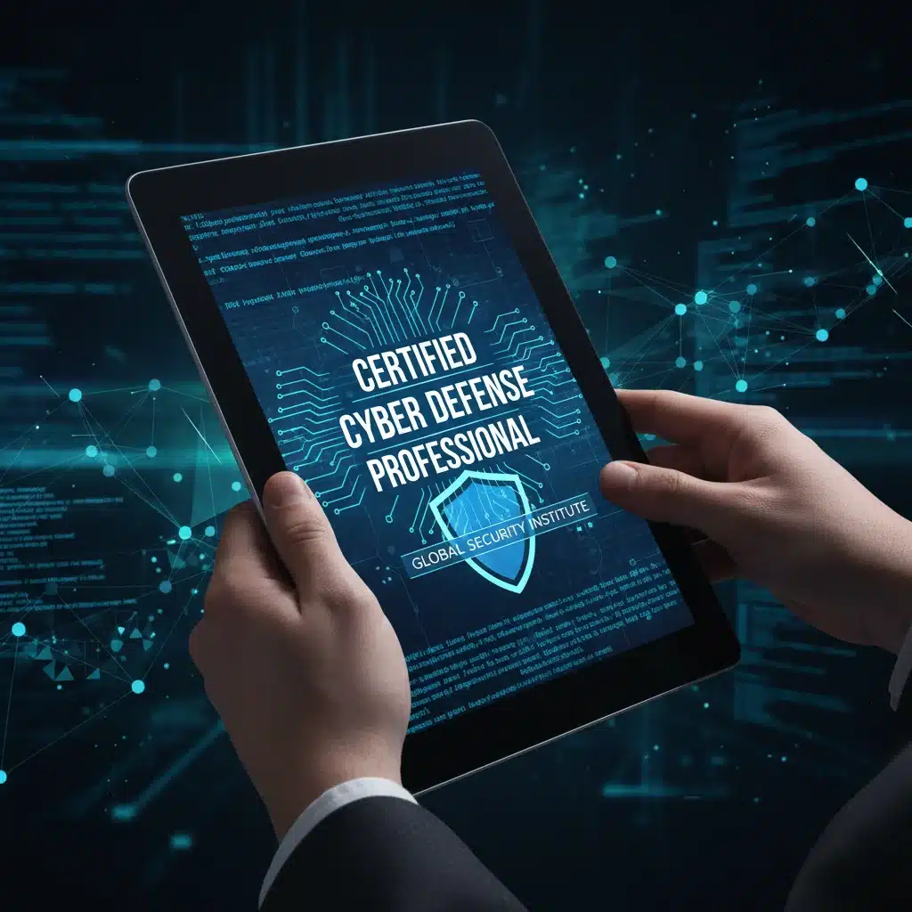 Cybersecurity professional reviewing a certification on a tablet