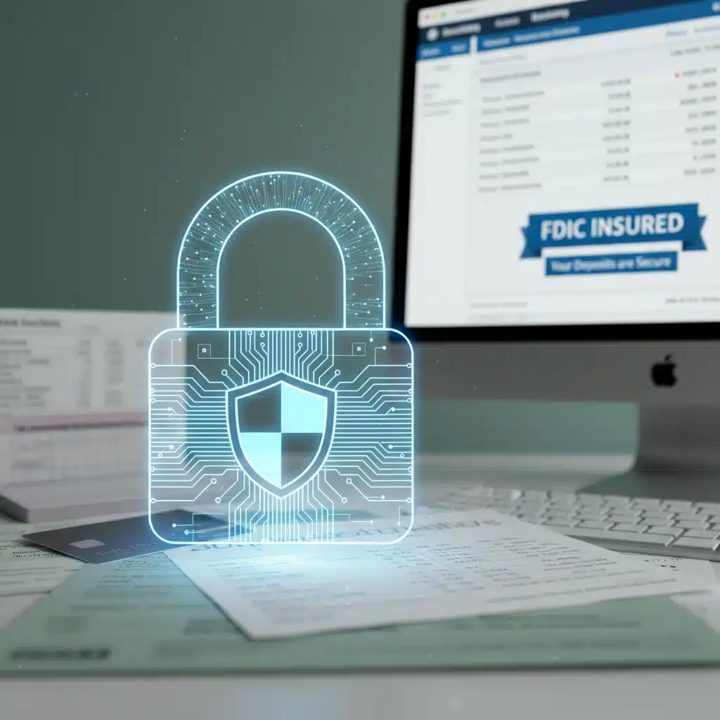 FDIC insurance symbol with secure digital padlock over financial documents.