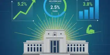 Federal Reserve building with economic growth charts and indicators, symbolizing 3.5% GDP growth projections for 2026.