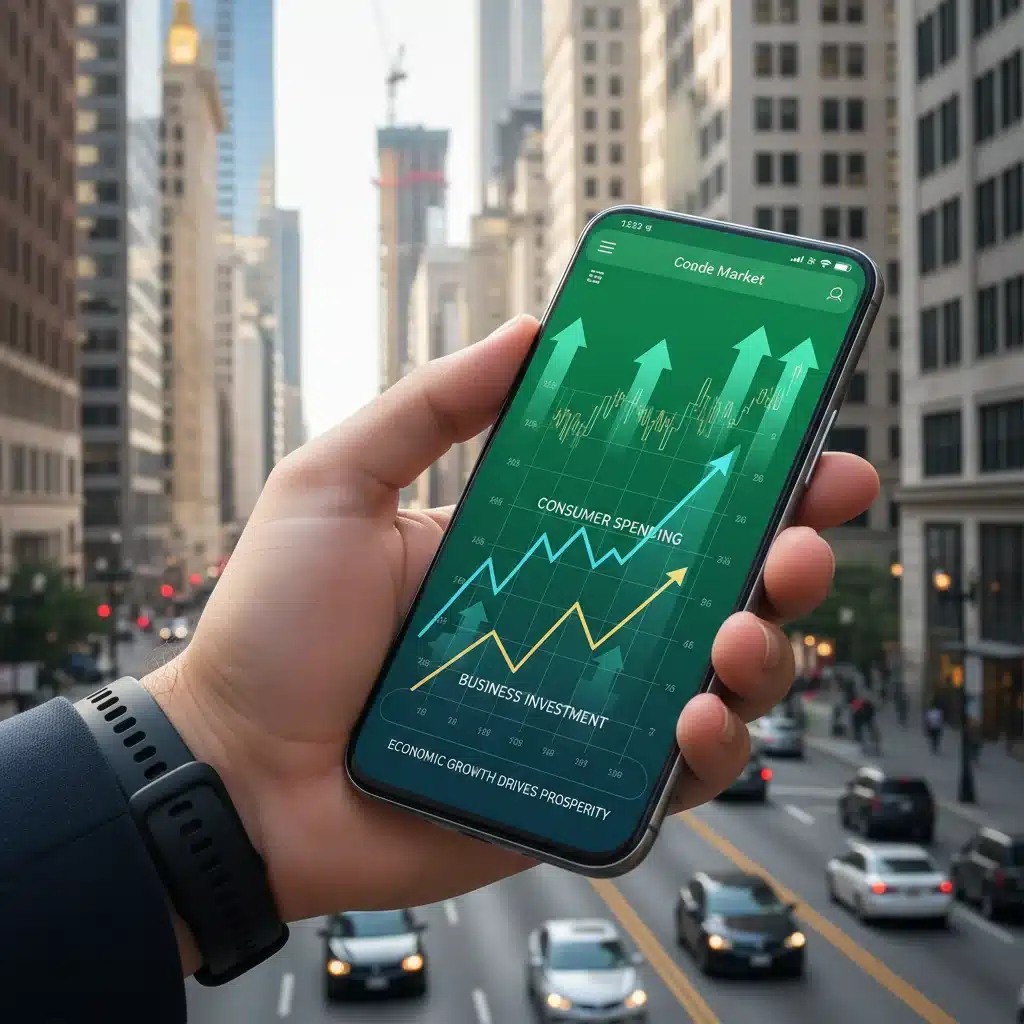 Financial markets and consumer spending showing upward trends, reflecting the positive impact of economic growth on investments and wealth.