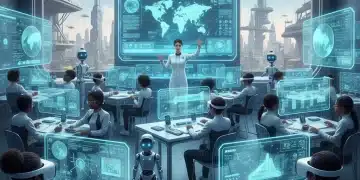Futuristic classroom with students using advanced EdTech, AI, and VR for engaged learning
