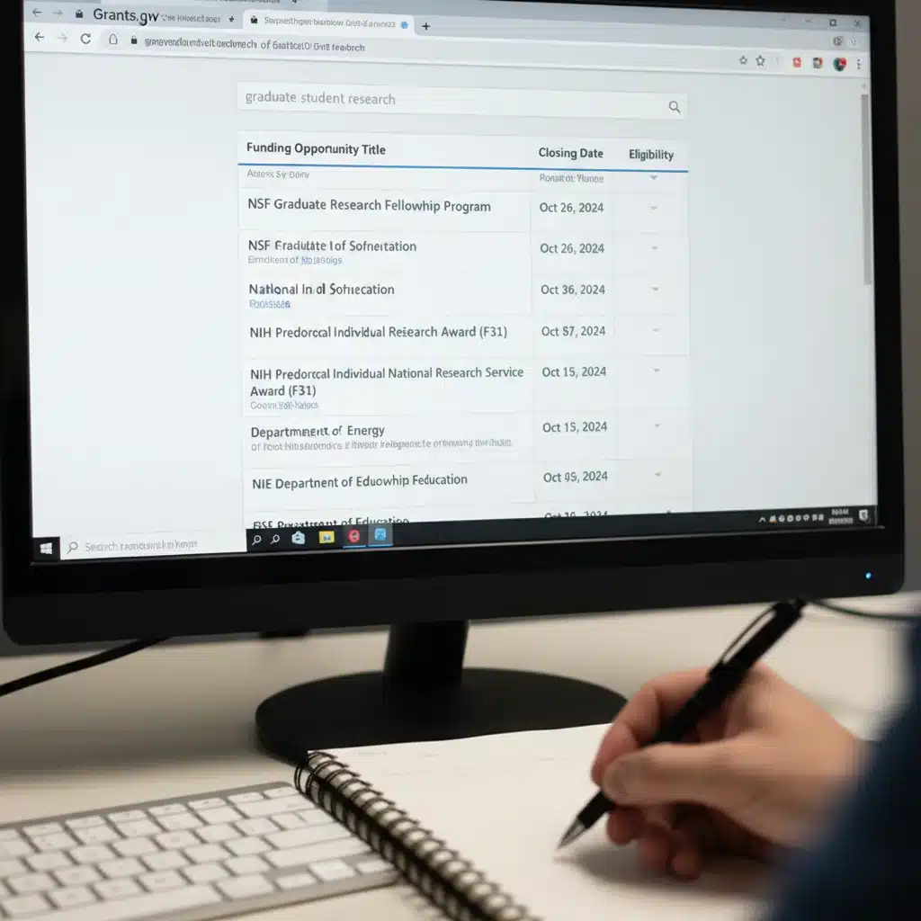Grants.gov website showing federal funding opportunities for graduate students