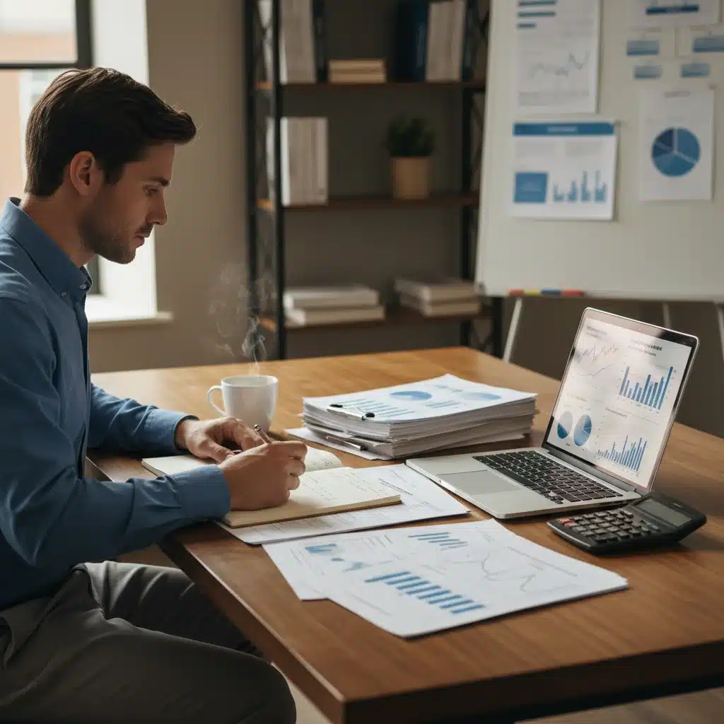 Investor analyzing financial statements and investment charts on a laptop