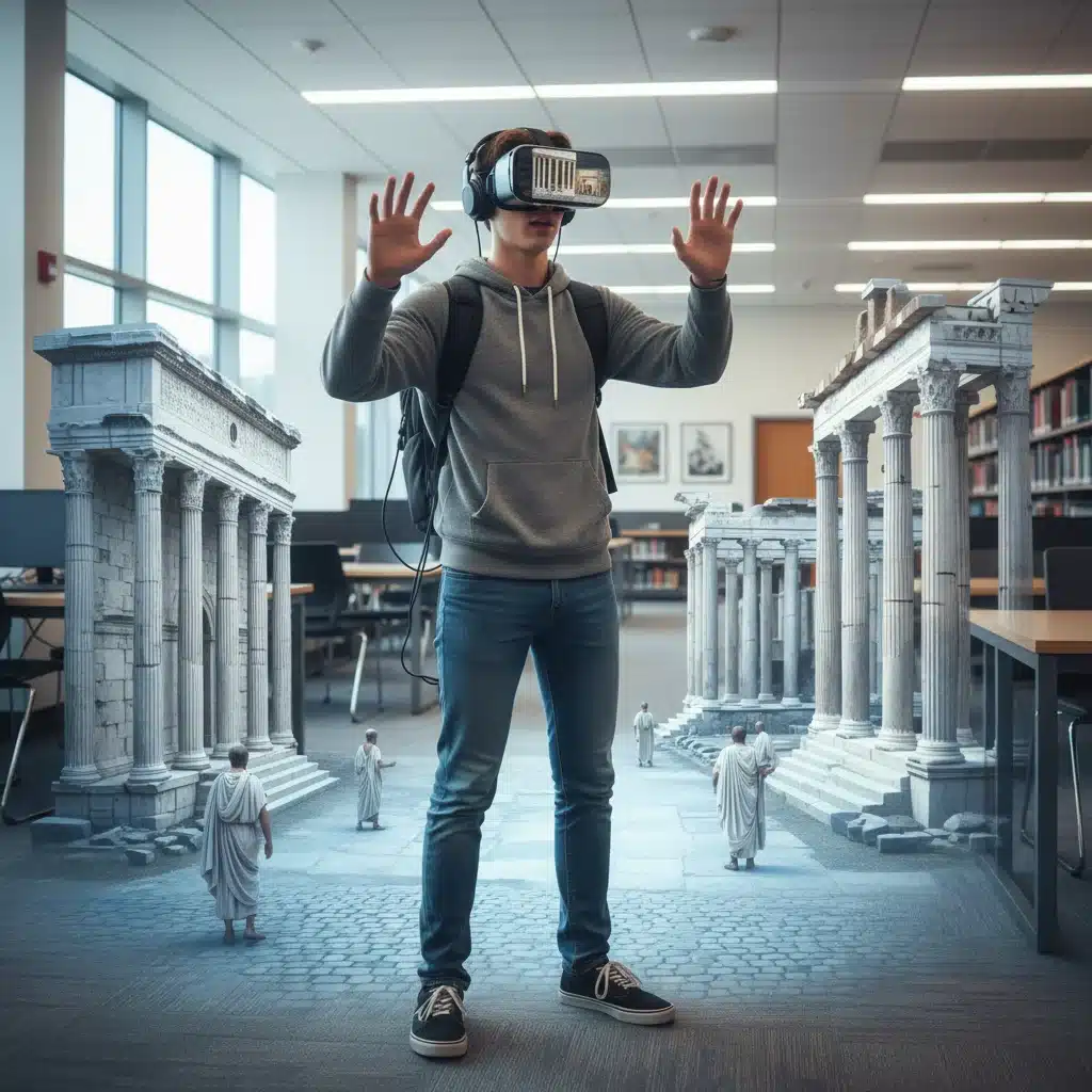 Student experiencing virtual reality in a history lesson, immersed in ancient Rome