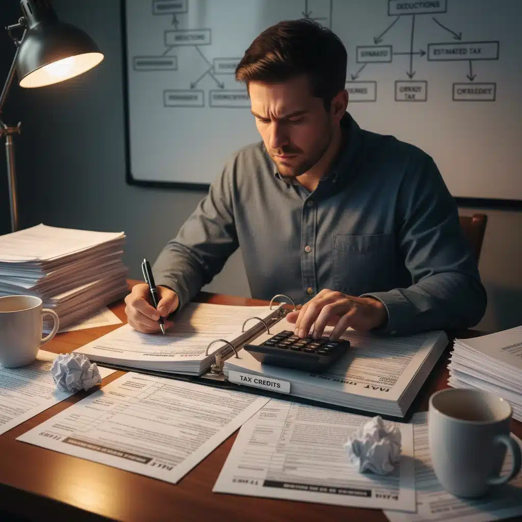 Person calculating tax credits and preparing tax documents