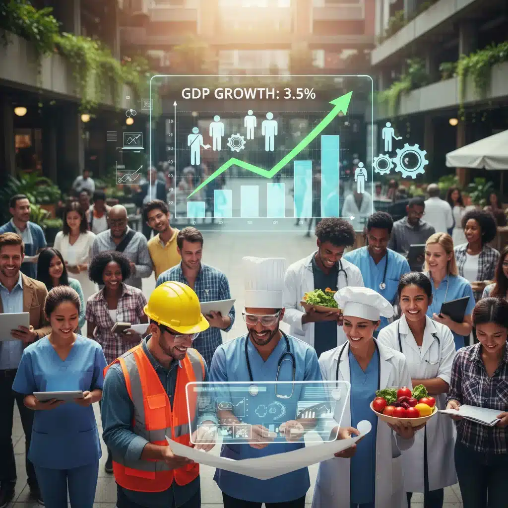 Diverse workforce thriving in a strong economy, representing robust employment and job creation from 3.5% GDP growth.
