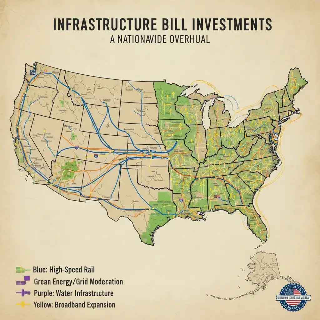 Map of the United States showing diverse infrastructure projects funded by the bill across different states.
