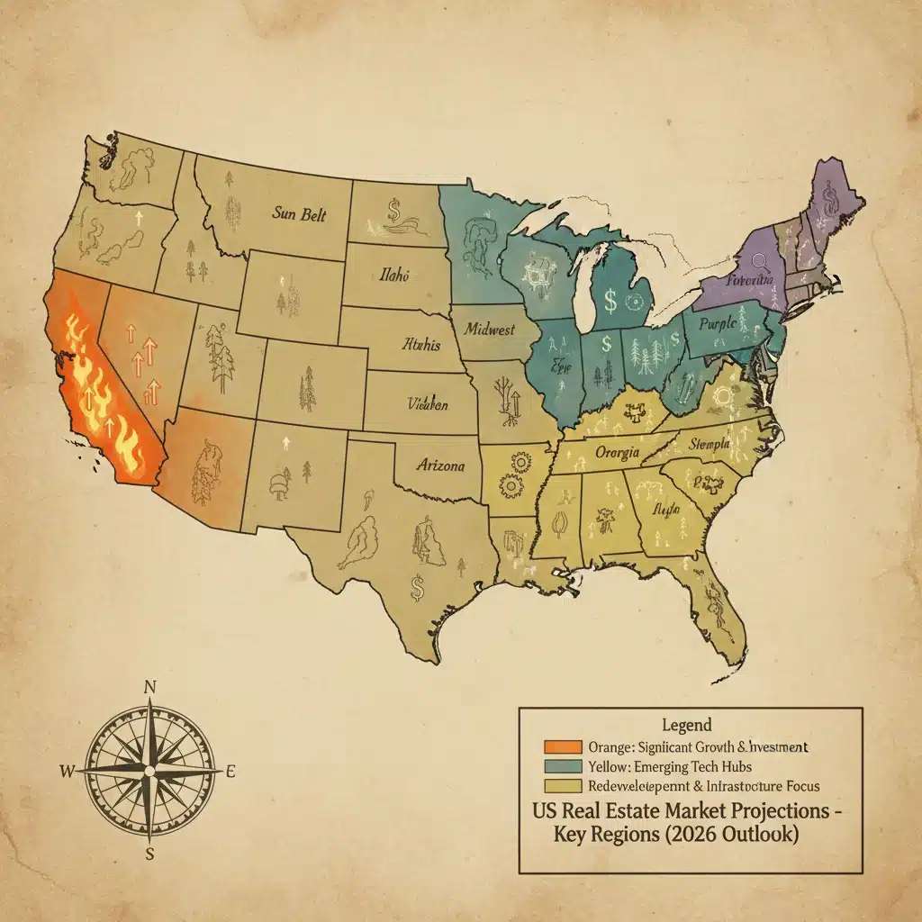 Map highlighting key US regions for real estate market shift 2026