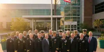 Veterans standing proudly in front of a VA building, symbolizing support and benefits.