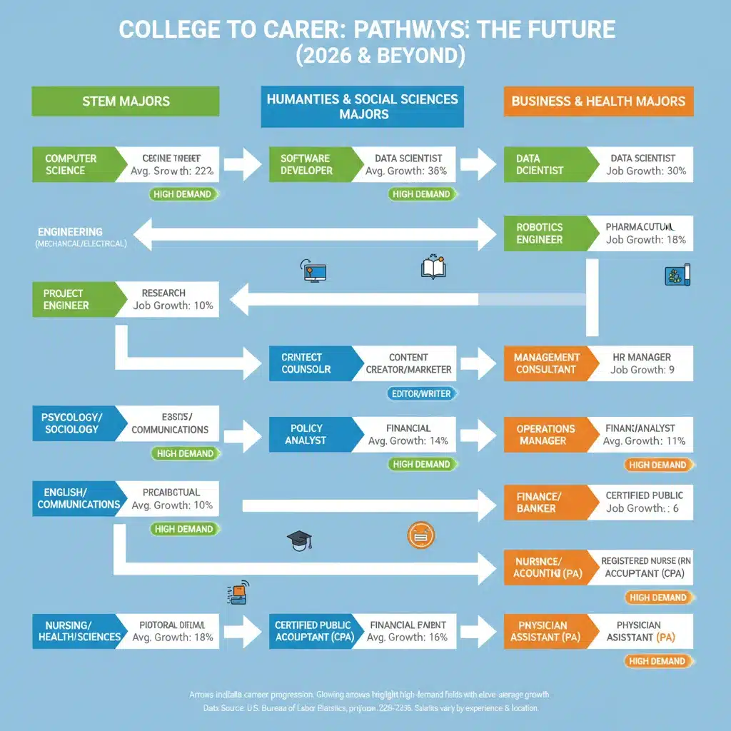 Infographic displaying career paths, salaries, and job growth projections for college majors