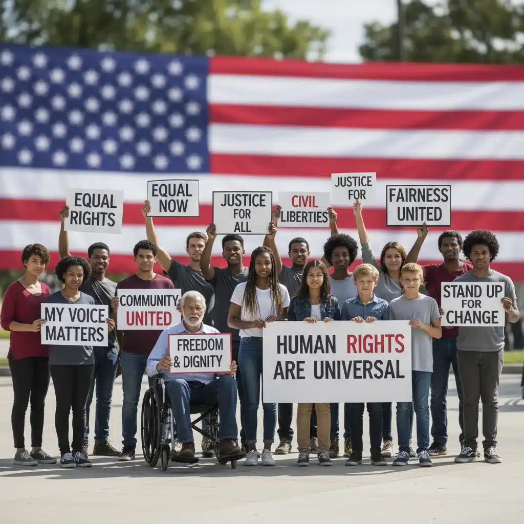 Diverse group protesting for civil rights and justice with American flag