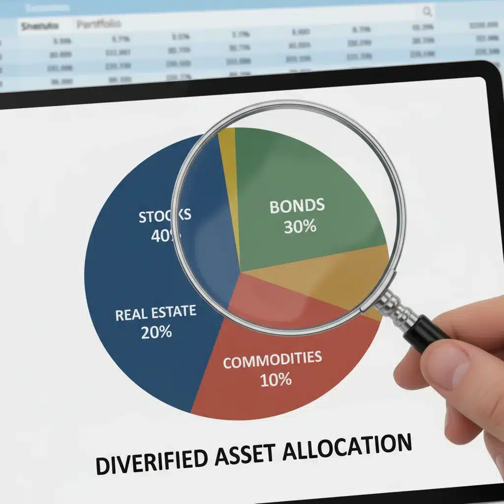 Diversified investment portfolio pie chart with magnifying glass, illustrating strategic asset allocation.