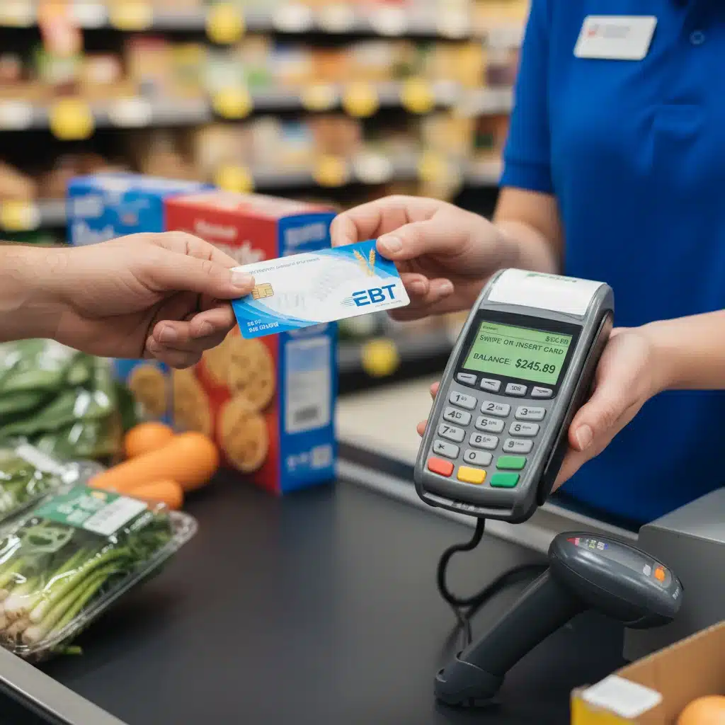 EBT card being used at a grocery store checkout, symbolizing electronic benefit transfer.
