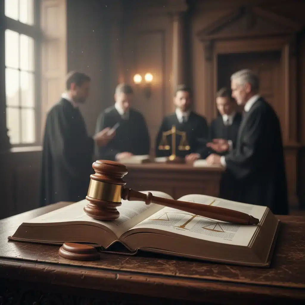Gavel on a law book in a courtroom, representing judicial decisions