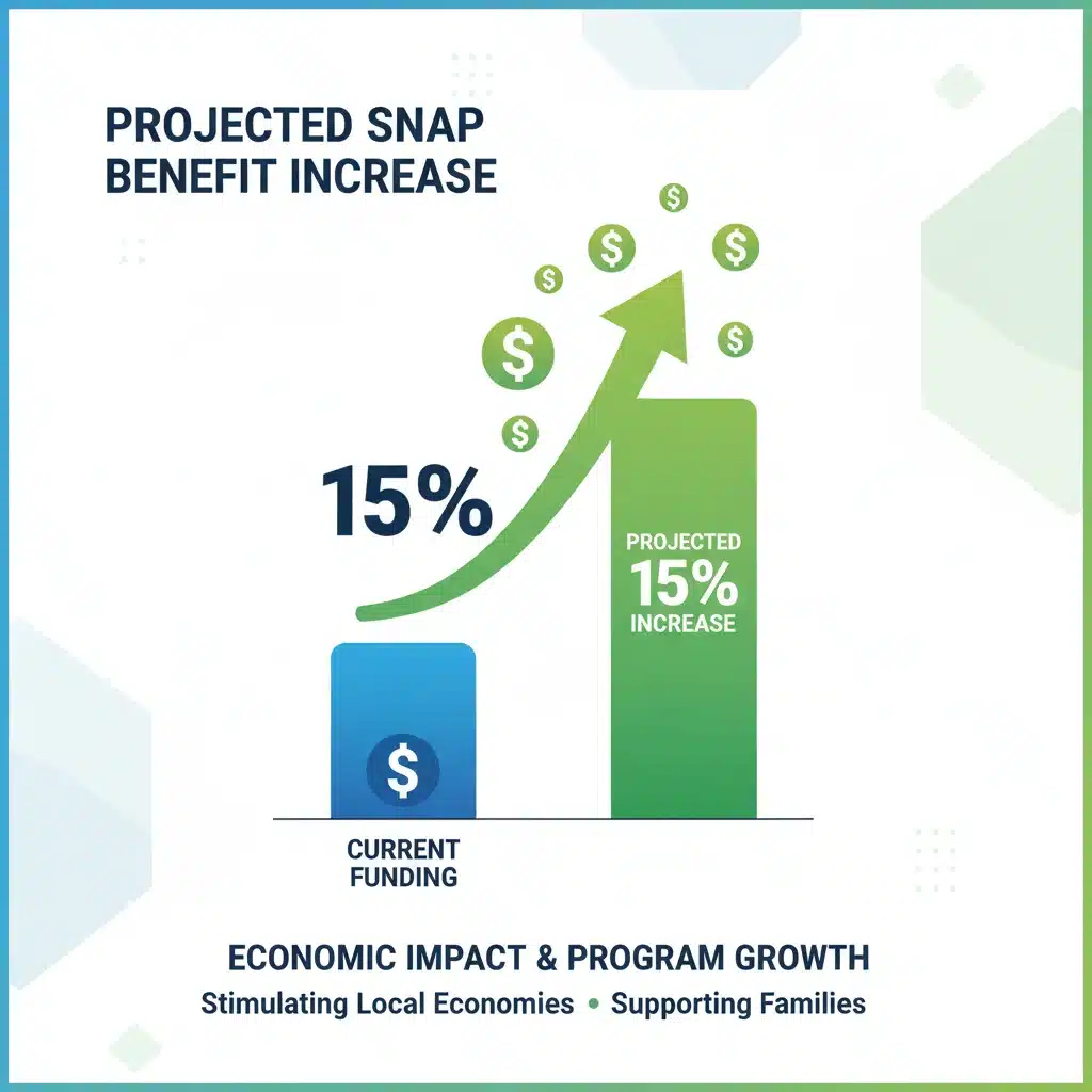 Infographic showing a 15% increase in SNAP benefits, demonstrating financial growth.