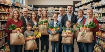 Families and individuals with full grocery bags, representing enhanced food assistance and community well-being.