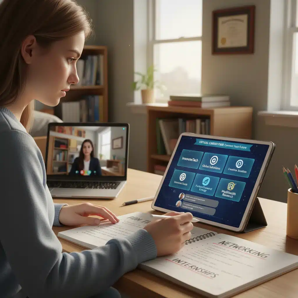 Student participating in a virtual career fair for future job prospects