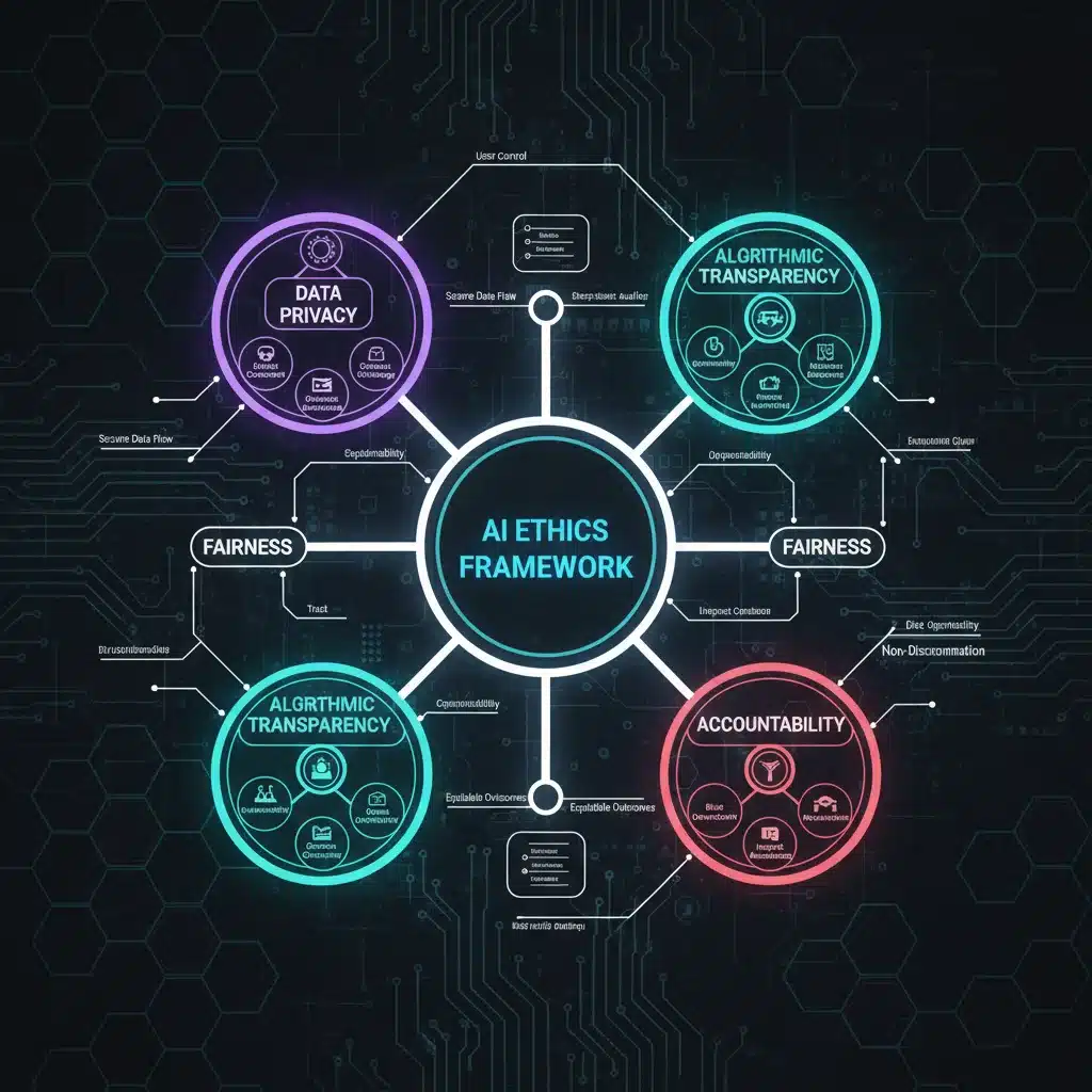 Diagram illustrating an AI ethics framework with transparency and fairness