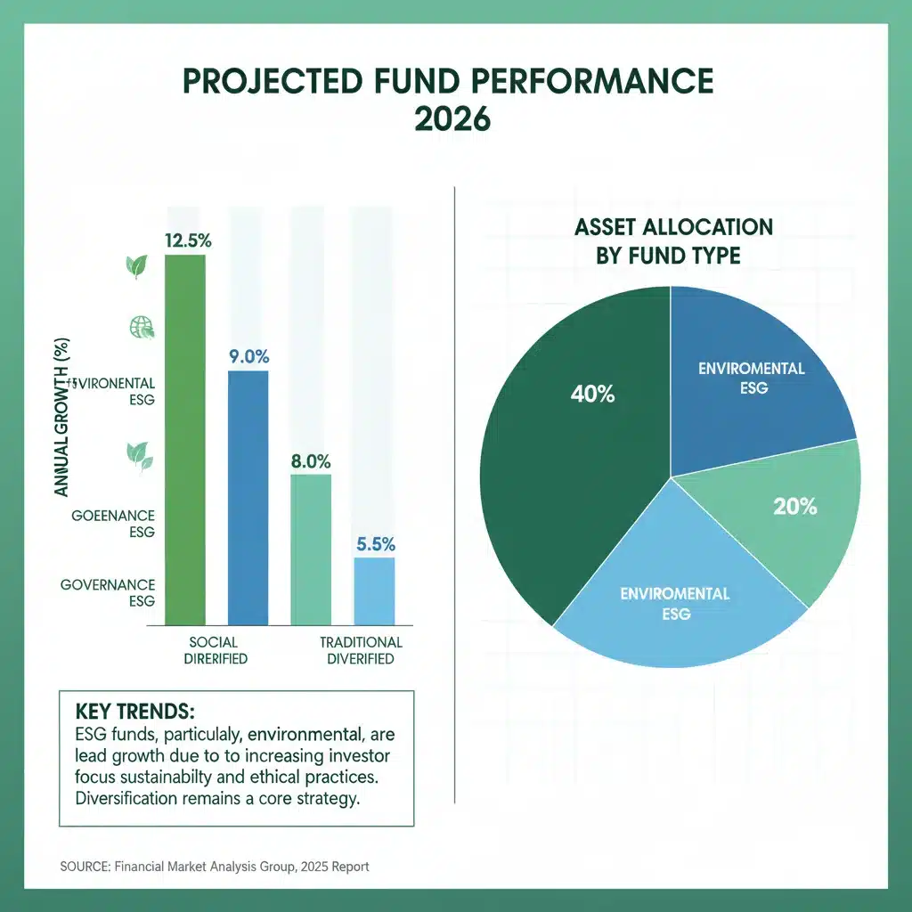 Infographic comparing ESG fund performance categories in 2026.