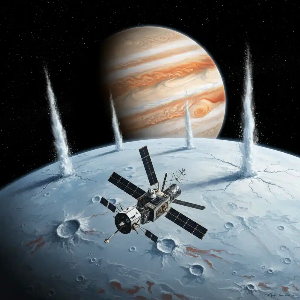 Artist's rendition of Europa Clipper spacecraft exploring Europa with ice plumes.