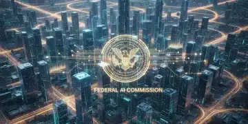 Futuristic cityscape with data flows and federal regulatory overlay for AI