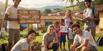 Diverse young adults engaging in a meaningful volunteer project abroad, representing the enriching experiences of a gap year.