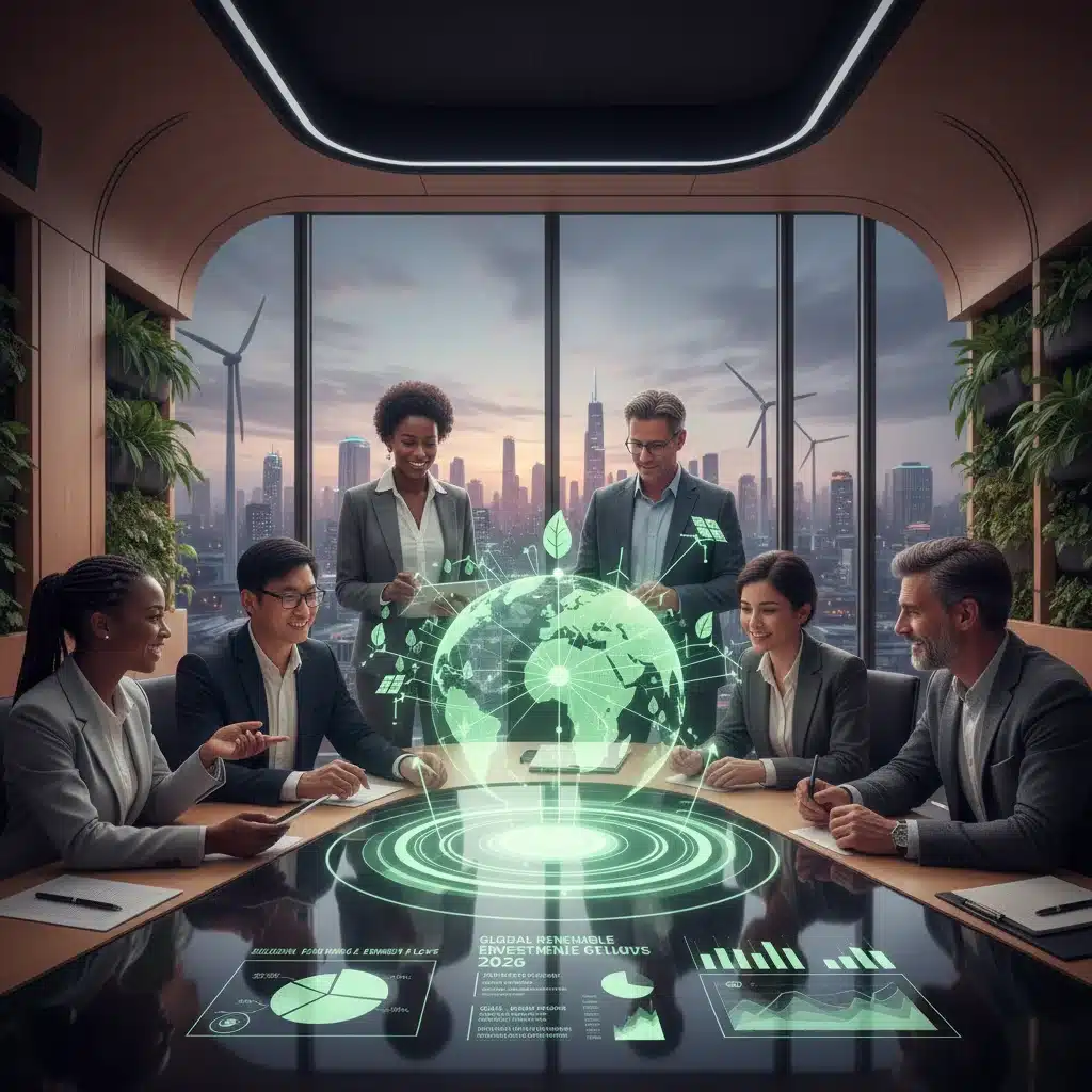Diverse investors discussing global ESG investment strategies for 2026.