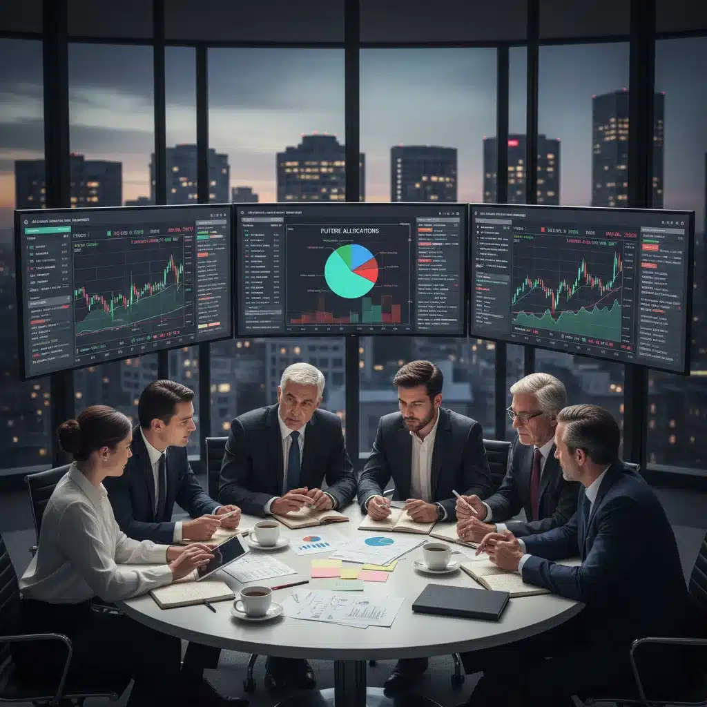 Diverse investors analyzing stock market data and company reports for strategic planning.