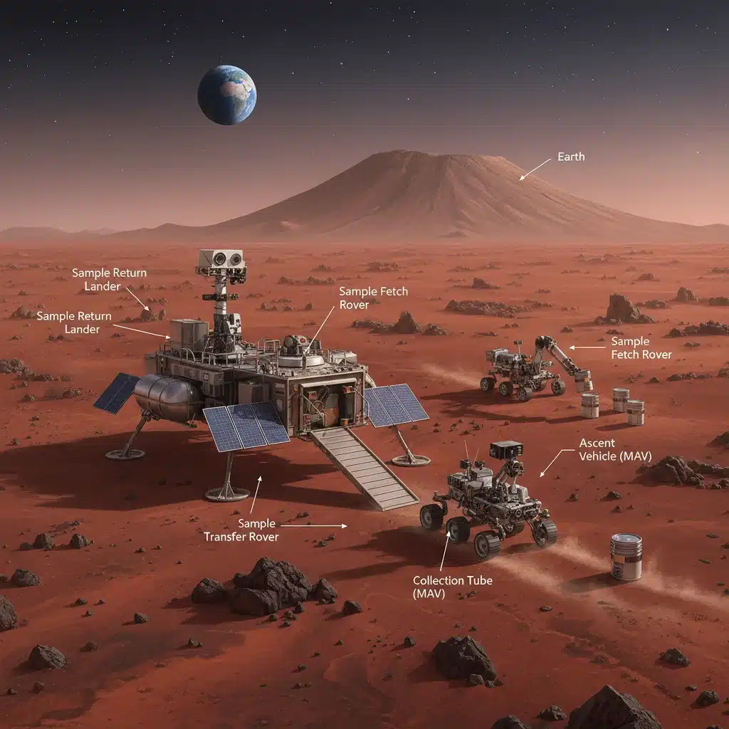 Illustration of a Mars Sample Return lander deploying a rover on the Martian surface.