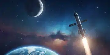 Illustration of a spacecraft launching from Earth towards the Moon, representing NASA's future missions.