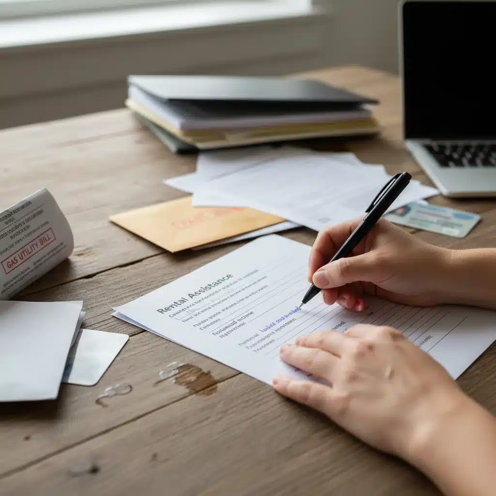 Hands filling out emergency rental assistance application form