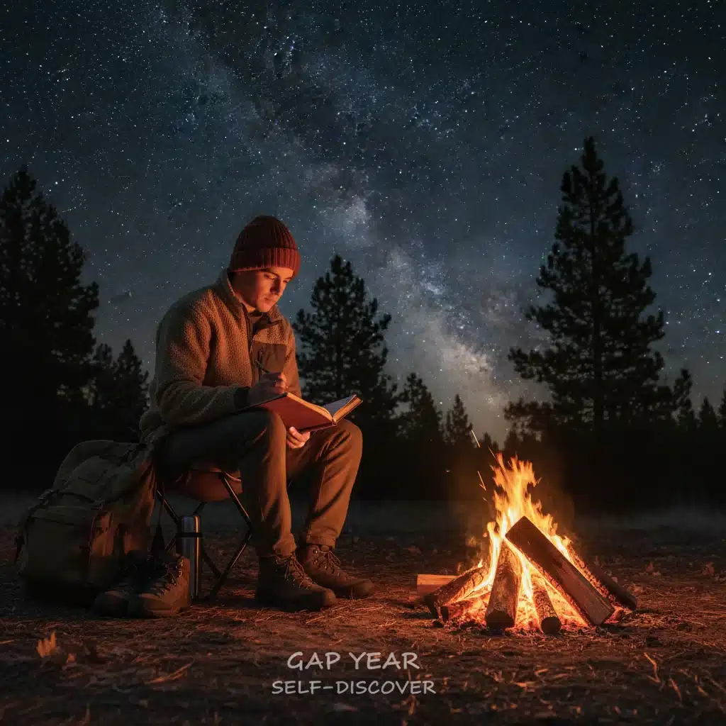 Thoughtful young person journaling by a campfire, representing self-discovery and reflection during a gap year.