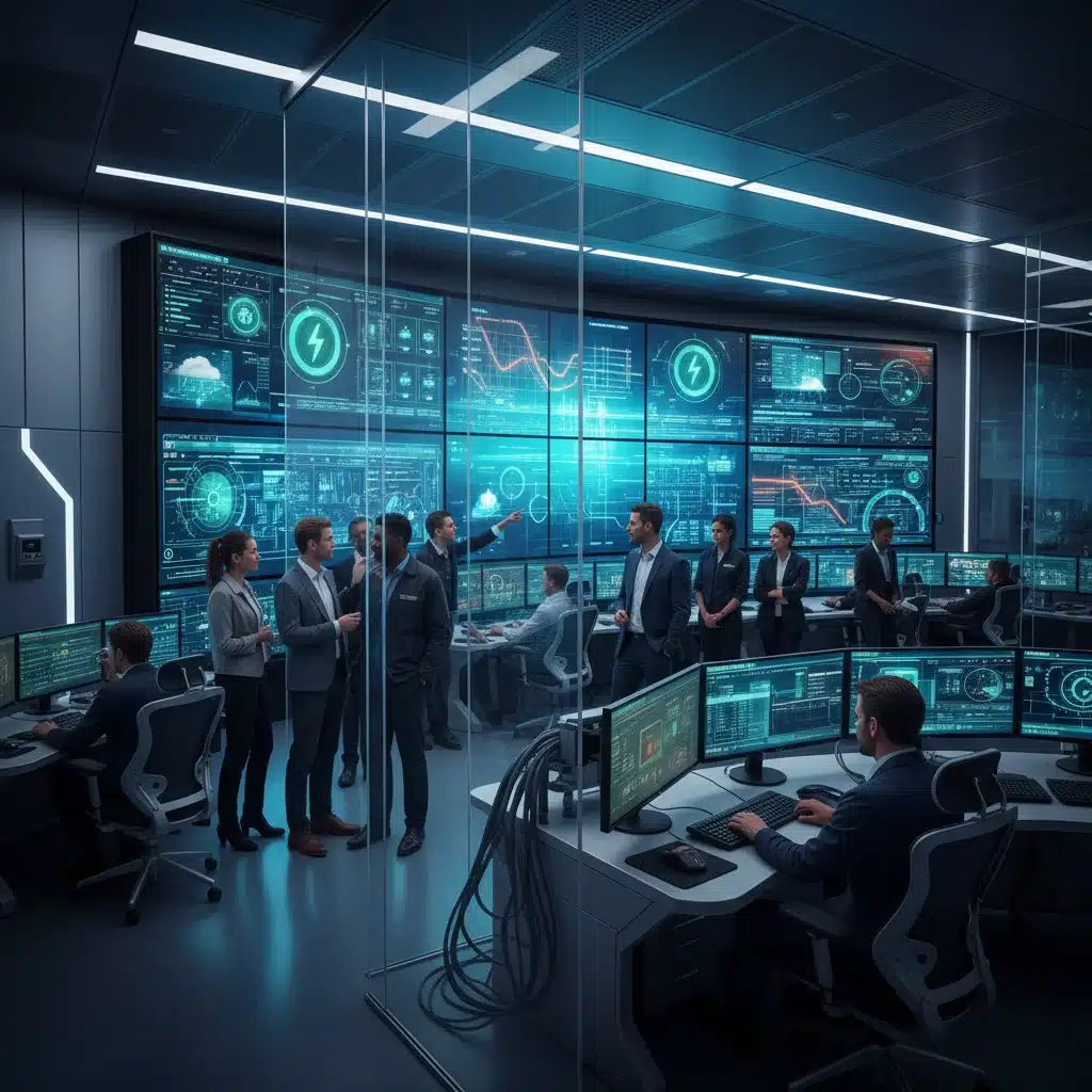 Engineers monitoring smart grid and renewable energy integration data in a high-tech control room.