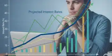 Graph showing projected student loan interest rates for 2026 and beyond with a student contemplating financial future.