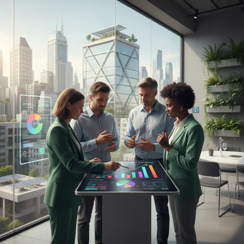 Investors analyzing sustainable and smart home real estate investment data