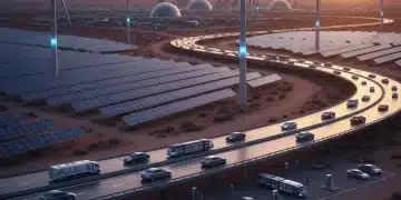 Futuristic American landscape with solar panels and wind turbines, symbolizing the 2026 renewable energy shift.
